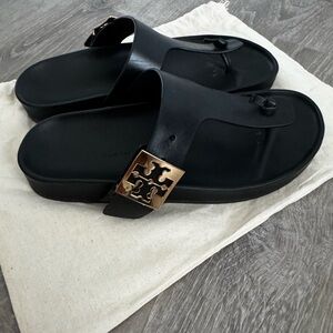 Tory Burch Black and Gold Slide Sandals